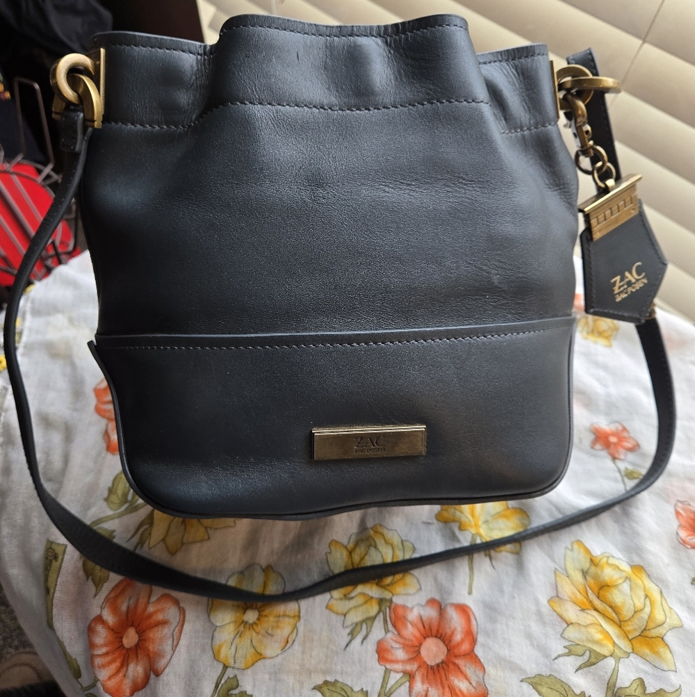 NWT Zac Posen Navy Blue Bucket Leather Drawstring Bag